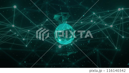 Image of dots connected with lines over lines around rotating globe over abstract background 116140342