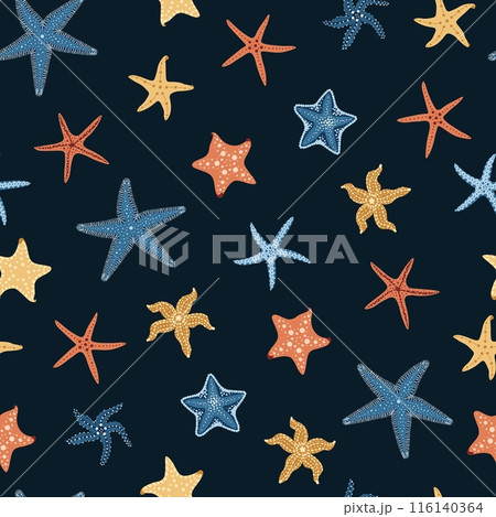 Seamless pattern with cartoon doodle starfish. Background with shellfish in flat style. Suitable for decoration, design, stickers Seamless pattern with cartoon doodle starfish. Background with shellfish in flat style. Suitable for decoration, design, stickers 116140364