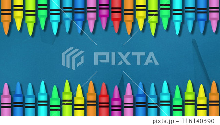 Image of multiple colourful crayons on top and bottom over blue background 116140390
