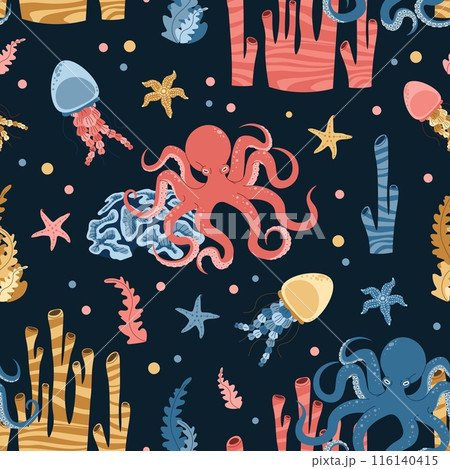 Seamless pattern with cartoon doodle octopus. Background with sea creature in flat style. Suitable for decoration, design, stickers Seamless pattern with cartoon doodle octopus. Background with sea creature in flat style. Suitable for decoration, design, stickers 116140415