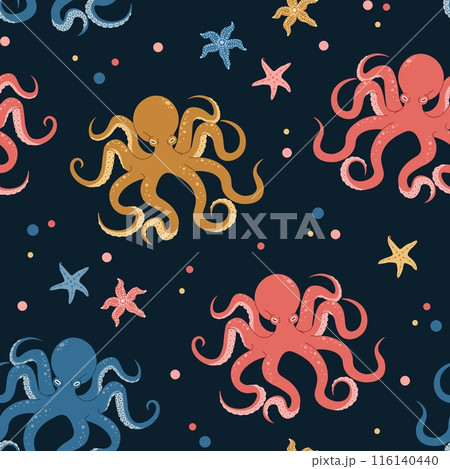 Seamless pattern with cartoon doodle octopus. Background with sea creature in flat style. Suitable for decoration, design, stickers Seamless pattern with cartoon doodle octopus. Background with sea creature in flat style. Suitable for decoration, design, stickers 116140440