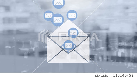 Image of email envelope icons over cityscape 116140452