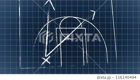 Image of arrow and x with circles on sports court on grid pattern against black background 116140494