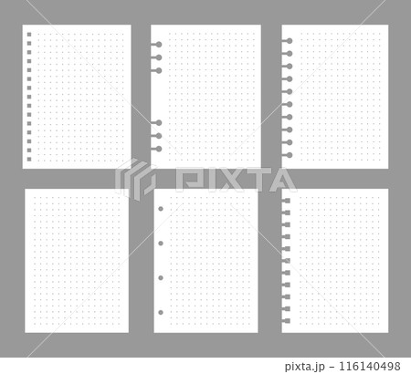 Set of notebook sheets isolated on gray background. Realistic white blanks of dots paper. Different vertical pages from diary. Vector template 116140498