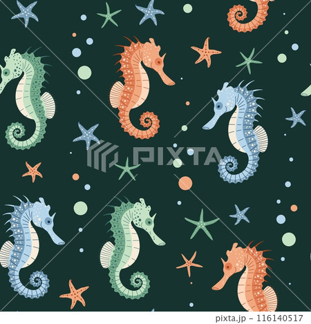 Seamless pattern with cartoon doodle seahorse. Background with sea animal in flat style. Suitable for decoration, design, stickers 116140517