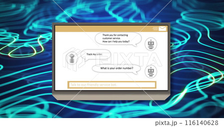 Image of ai data processing on screen over blue glowing lines on dark background Image of ai data processing on screen over blue glowing lines on dark background 116140628