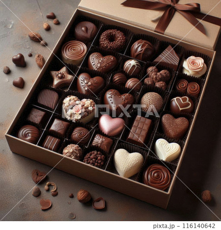 A set of festive chocolate sweets of various shapes and designs in a box. Top view 116140642