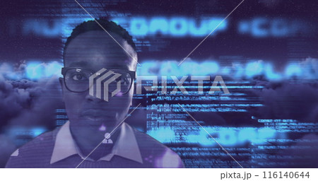 Image of portrait of man data processing digital icons over sky with clouds 116140644