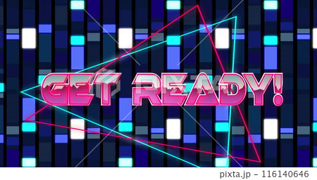 Image of get ready text and triangles over blue background Image of get ready text and triangles over blue background 116140646