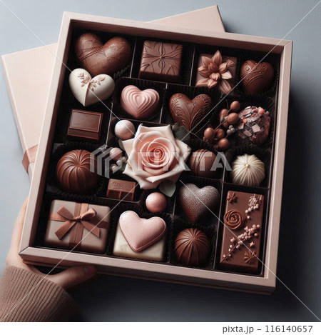 A set of festive chocolate sweets of various shapes and designs in a box. Top view 116140657