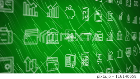 Image of multiple application icons and white lines moving against green background 116140659