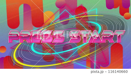 Image of press start text and circles over colourful background Image of press start text and circles over colourful background 116140660