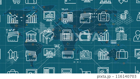 Image of grid of business media icons moving over blue world map 116140703