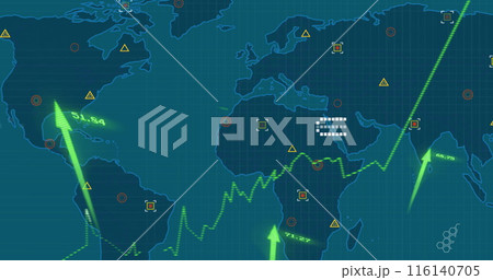 Image of green graph with upward arrows and data processing over blue world map 116140705