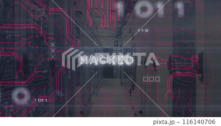 Image of hacked text over computer servers and data processing 116140706