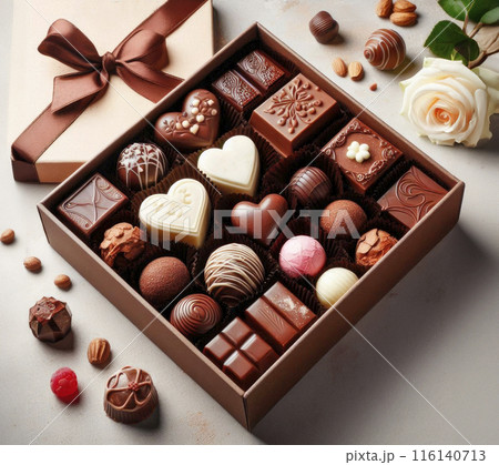 A set of festive chocolate sweets of various shapes and designs in a box. Top view A set of festive chocolate sweets of various shapes and designs in a box. Top view 116140713
