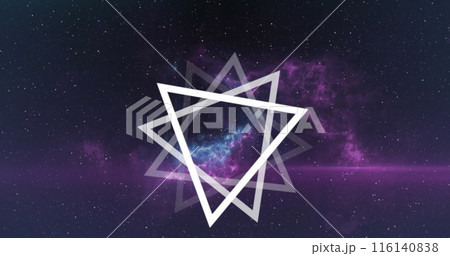 Image of multiple white triangles spinning on seamless loop over glowing pink light trails 116140838