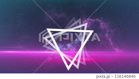 Image of multiple white triangles spinning on seamless loop over glowing pink light trails 116140840