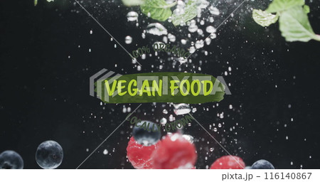 Image of vegan food text over fruit falling in water background Image of vegan food text over fruit falling in water background 116140867
