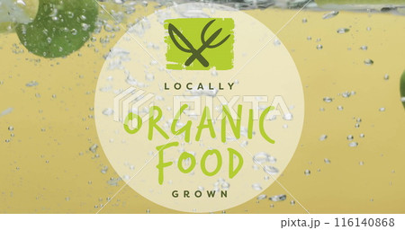 Image of organic food text over fruit falling in water background Image of organic food text over fruit falling in water background 116140868