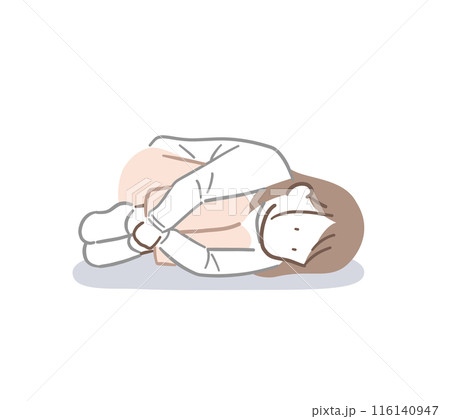 足を抱えたまま横になって考え事をしている女性のイラスト素材 116140947