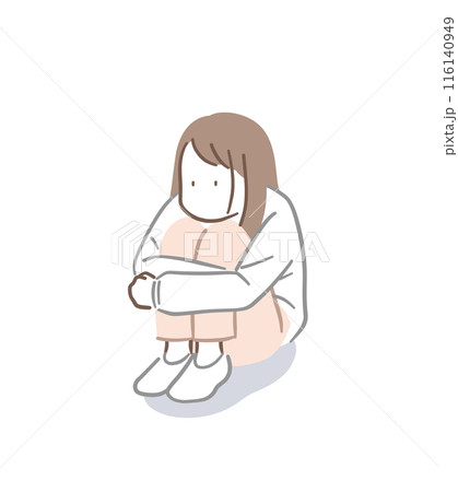 体育座りで落ち込んでいる若い女性のイラスト素材 体育座りで落ち込んでいる若い女性のイラスト素材 116140949