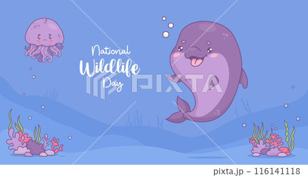 Holiday wildlife day. Underwater world with cute dolphin and funny jellyfish with algae. Horizontal background poster with cartoon kawaii character animal. Vector illustration 116141118