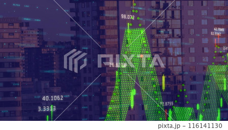 Digital composition of financial data processing against tall buildings in background 116141130