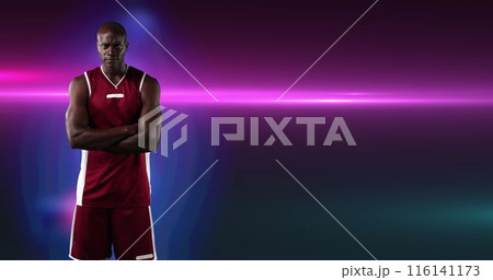 Image of african american male basketball player with arms crossed on purple background Image of african american male basketball player with arms crossed on purple background 116141173