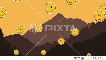 Image of emoji icons floating over landscape with mountains on orange background Image of emoji icons floating over landscape with mountains on orange background 116141242