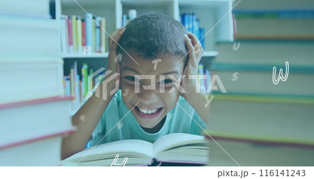Digital composition of multiple alphabets floating against boy covering his ears in library Digital composition of multiple alphabets floating against boy covering his ears in library 116141243