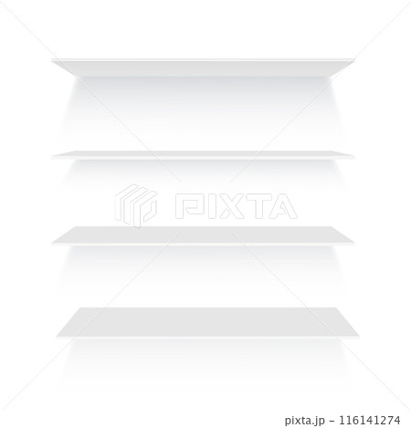 Glass shelves. Empty bookshelf in library . Vector 116141274