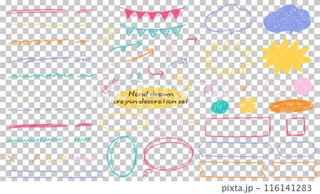 Crayon or colored pencil decorations, borders, embellishments, colorful cute hand-drawn illustration set Crayon or colored pencil decorations, borders, embellishments, colorful cute hand-drawn illustration set 116141283