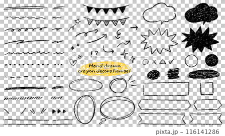 一組可愛的手繪蠟筆和彩色鉛筆裝飾、裝飾邊框和手柄插圖。 116141286