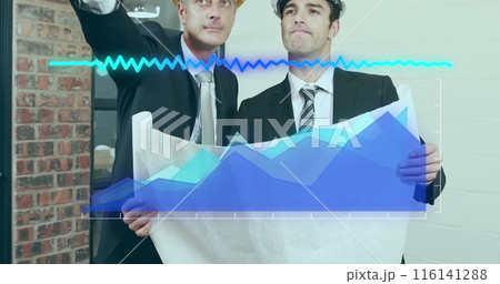 Digital composite image of statistical data processing against two architects discussing over plan 116141288