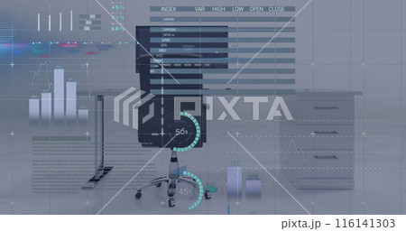 Digital composite image of statistical and financial data processing against empty office Digital composite image of statistical and financial data processing against empty office 116141303