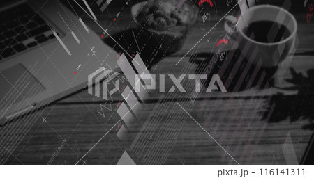 Digital composite image of statistical data processing against office equipment on desk 116141311