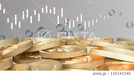 Image of financial data processing over stack of gold coins 116141340