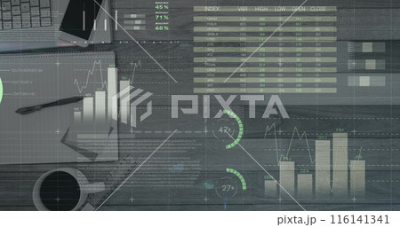 Image of financial data processing, statistics over desk with notebook, smartphone and laptop 116141341