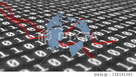Image of financial data processing with red lines and globe spinning over binary coding 116141361