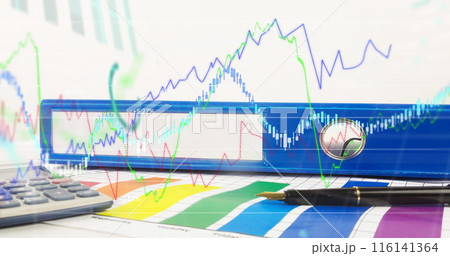 Image of financial data processing over desk with blue file 116141364