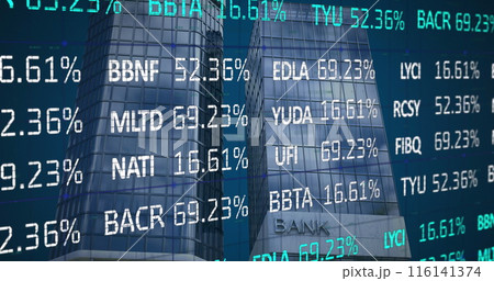 Image of financial data processing over modern bank building 116141374