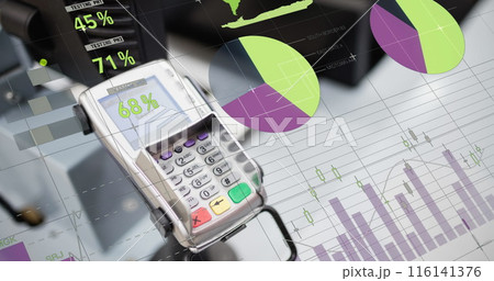 Image of financial data processing over payment terminal 116141376