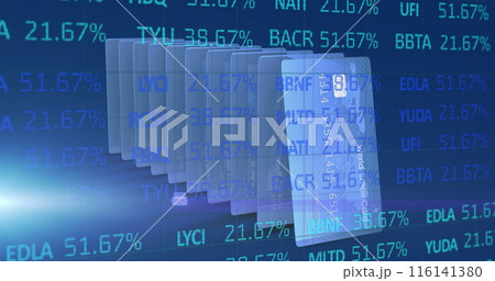 Image of financial data processing over credit cards standing in a row Image of financial data processing over credit cards standing in a row 116141380