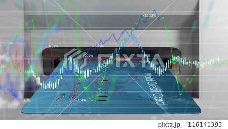 Image of financial data processing over credit card atm slot 116141393