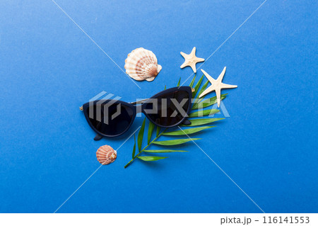 sunglasses with seashell lying on table background. Sunglasses on summer background. Top view flat lay with copy space for text sunglasses with seashell lying on table background. Sunglasses on summer background. Top view flat lay with copy space for text 116141553