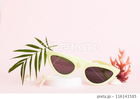 sunglasses with seashell lying on table background. Sunglasses on summer background. Top view flat lay with copy space for text sunglasses with seashell lying on table background. Sunglasses on summer background. Top view flat lay with copy space for text 116141585