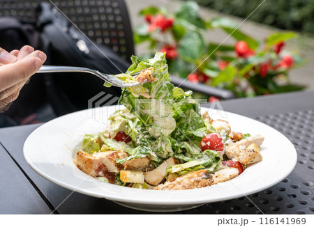 Caesar Salad, Green Lettuce Salat with Chicken and Parmesan Cheese Closeup Caesar Salad, Green Lettuce Salat with Chicken and Parmesan Cheese Closeup 116141969