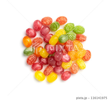 Hard Candy Isolated, Sour Hard Candies, Fruit Sugar Bonbon Pile, Colorful Lozenge, Color Candy Group 116141975
