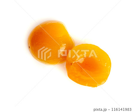 Canned Peaches, Apricot Halves in Syrup, Yellow Fruit Dessert, Tinned Nectarine Compote 116141983